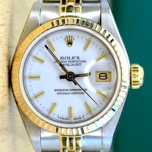 ROLEX DATEJUST WHITE INDEX DIAL 18K GOLD FLUTED JUBILEE TWOTONE 26MM WATCH 69173